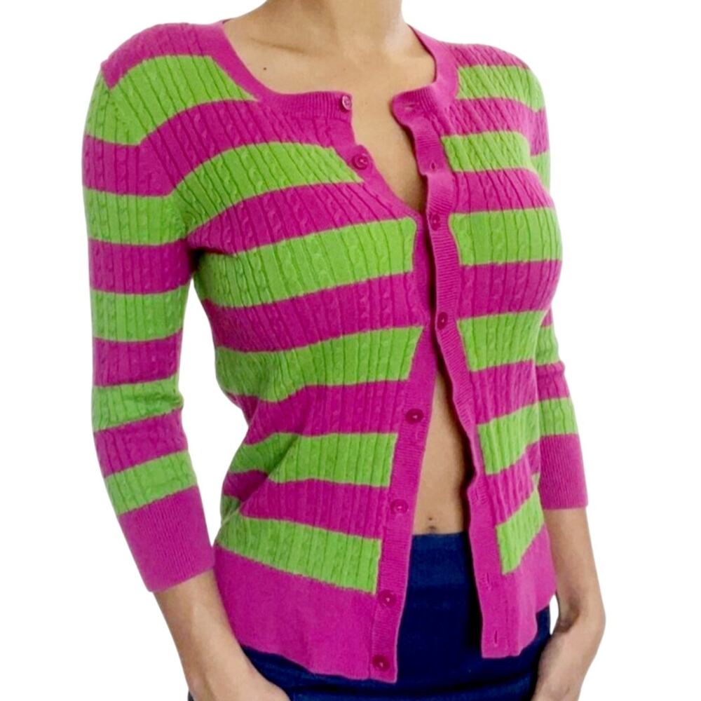 Talbots Womens Pink and Green Stripe Button Up Cardigan Size Medium